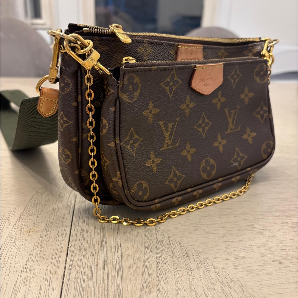 Louis Vuitton Monogram Crossbody Bag with Gold Hardware and Army Green Strap.